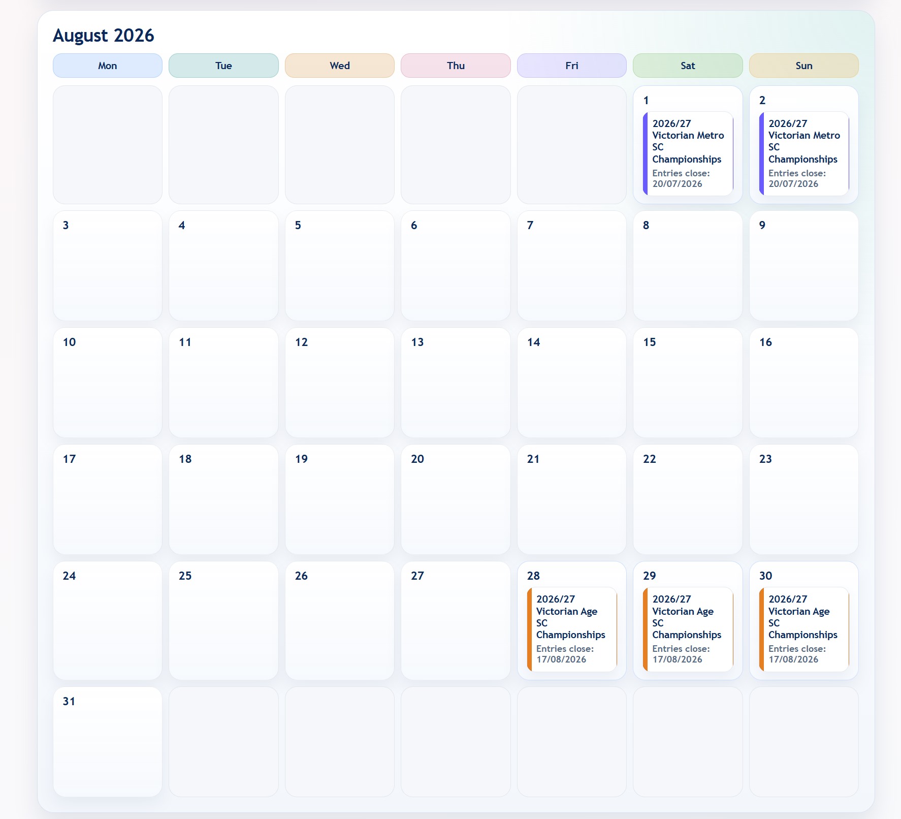 dtsc.me calendar showing upcoming meets and entry close dates
