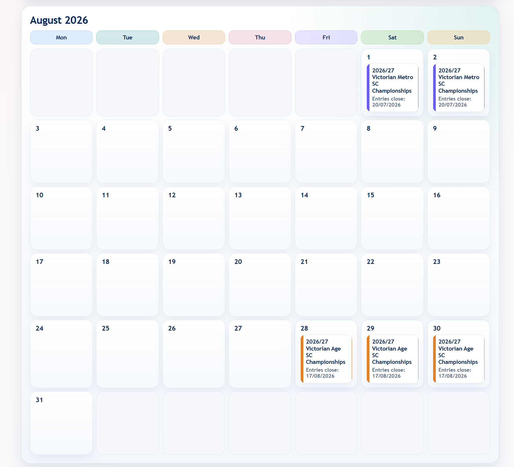 dtsc.me calendar showing upcoming meets and entry close dates