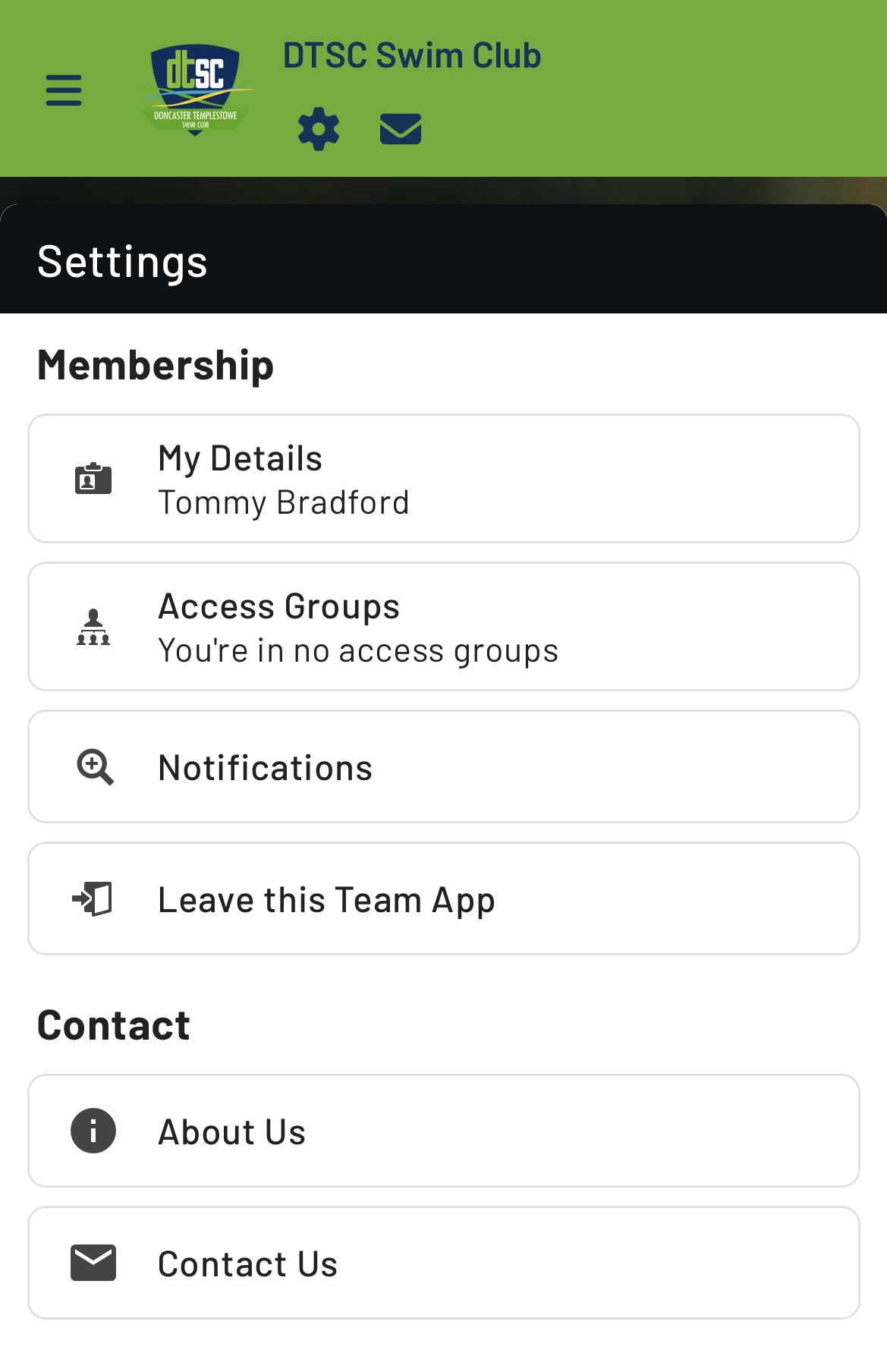 Team App settings screen with Access Groups option