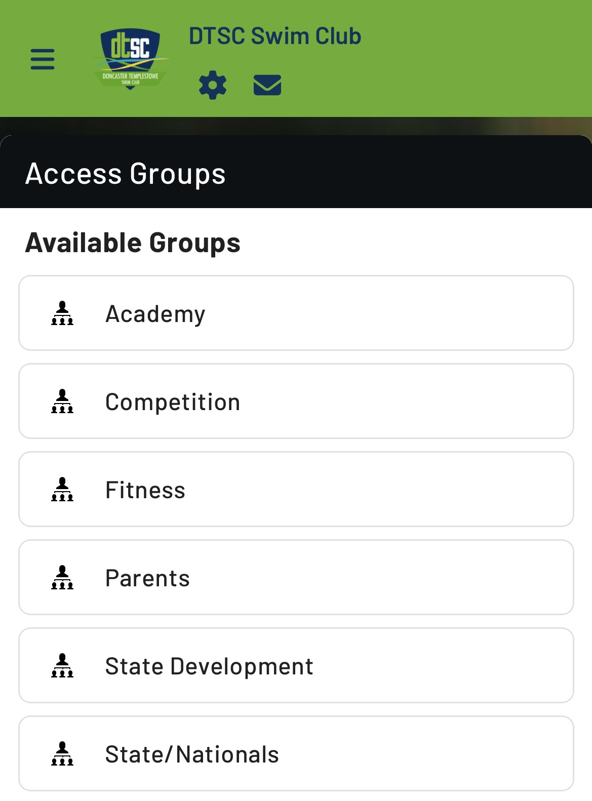 Team App access groups screen showing squad and Parents groups