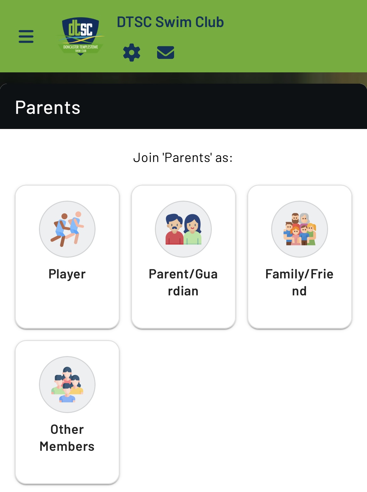 Team App Parents group join options showing Parent
