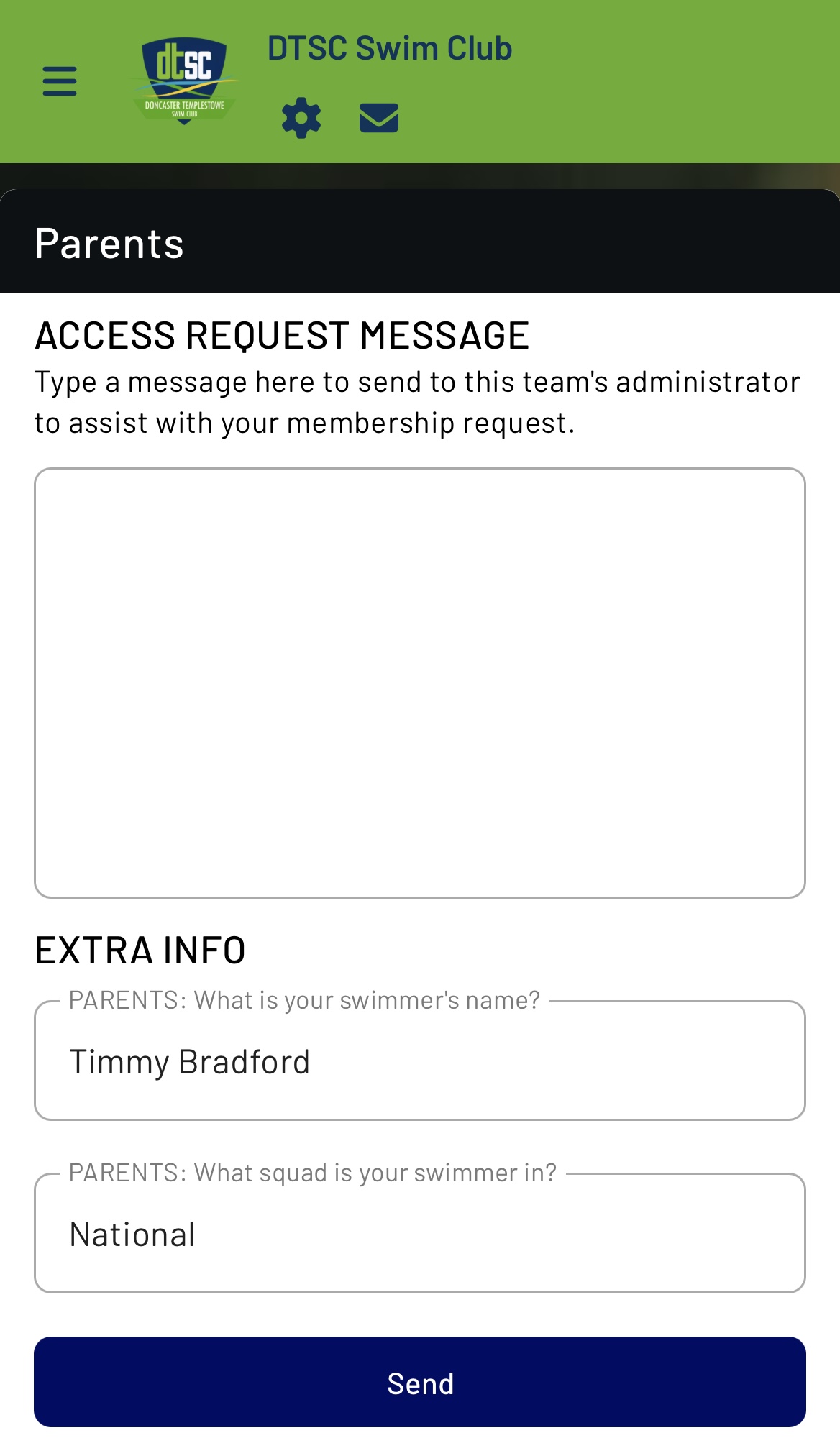 Team App parent access request fields for swimmer name and squad