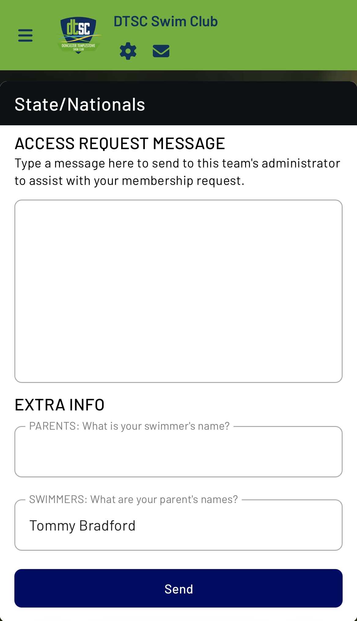 Team App squad access request fields for swimmer parent names